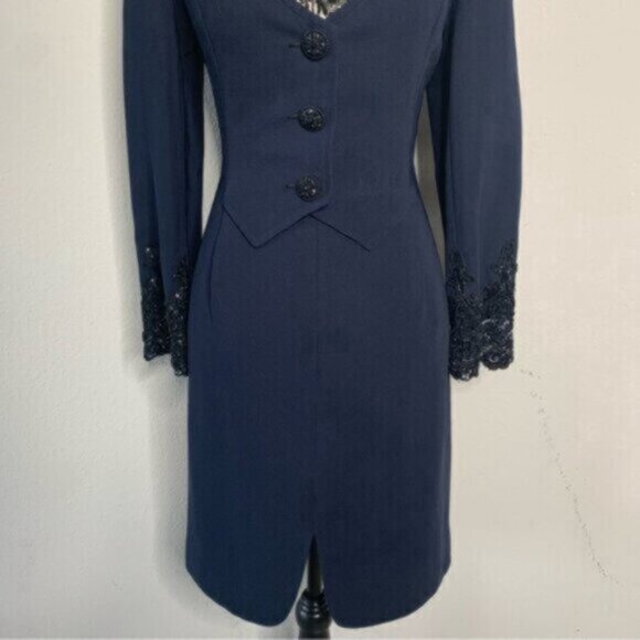 Badgley Mischka Vintage Navy Blue Lace Trim Button Accent Midi Dress - Picture 8 of 16